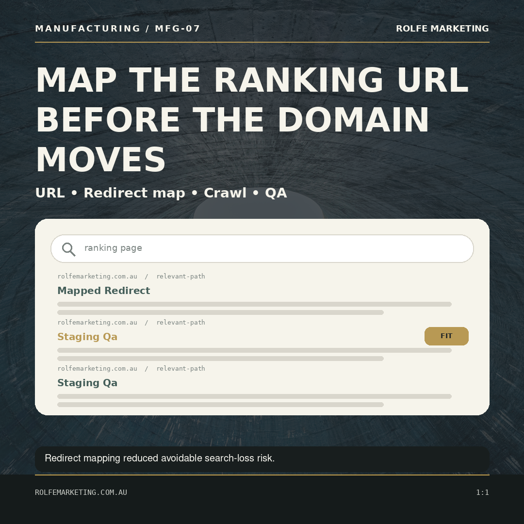 Search migration teardown with the old page mapped to a checked destination. On-image headline: Map the ranking URL before the domain moves.